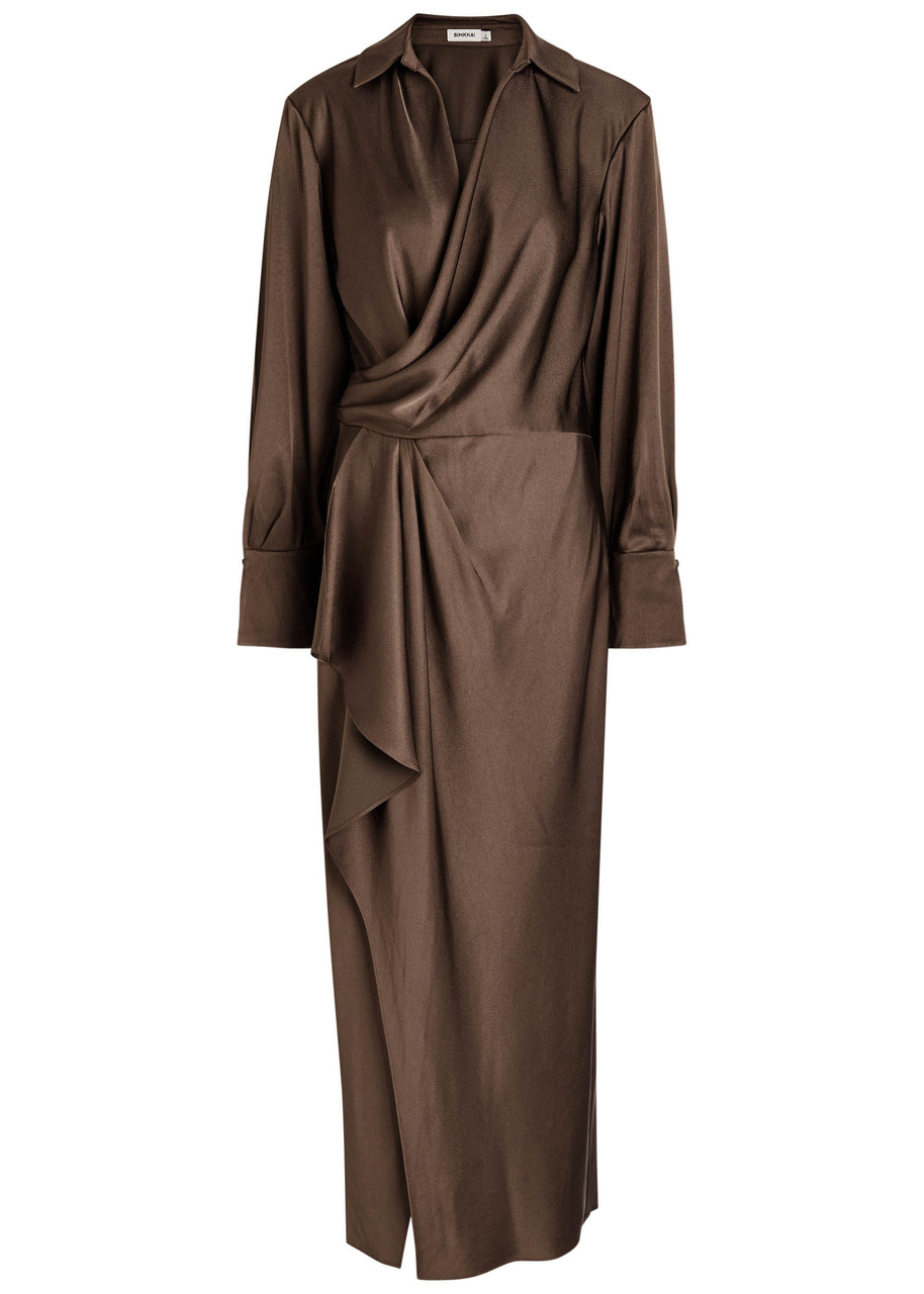 Simkhai Talita Wrap-effect Draped Satin Midi Dress - Brown - S