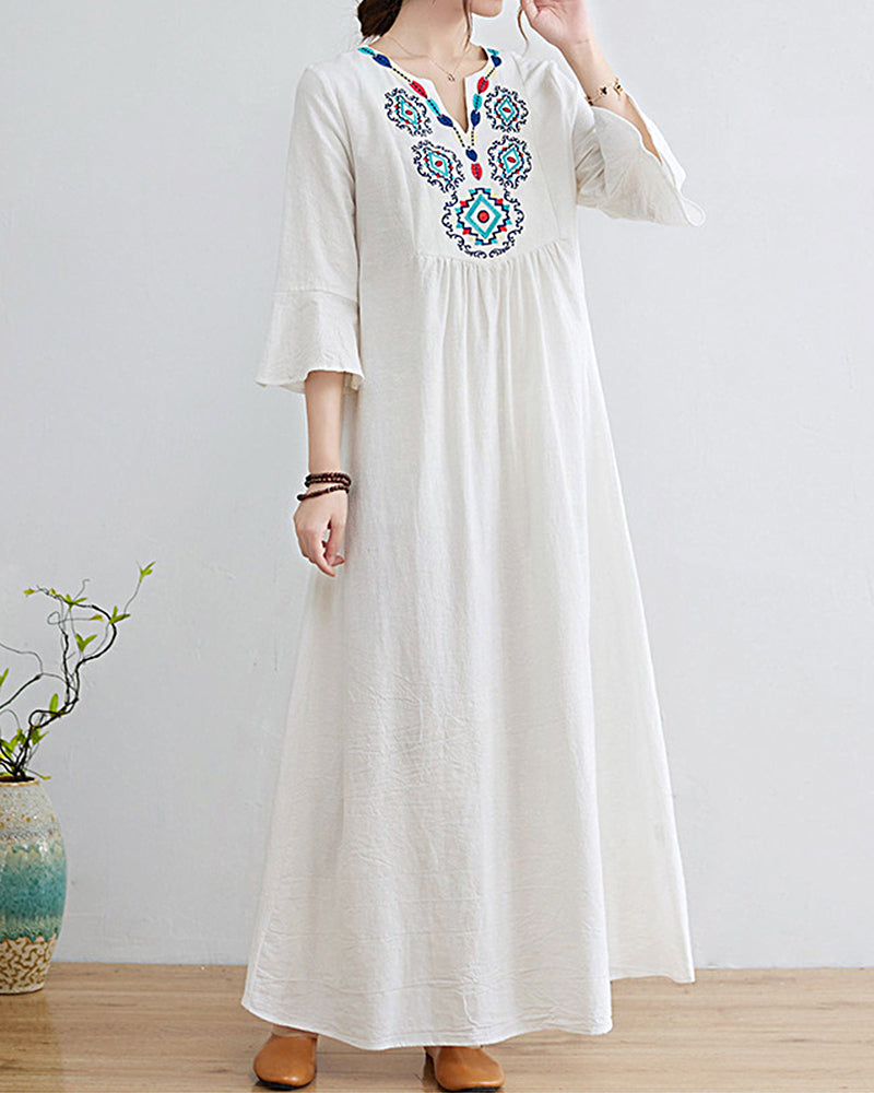 Loose Embroidered Floral Cotton Linen V-Neck Sleeve Dress - White M
