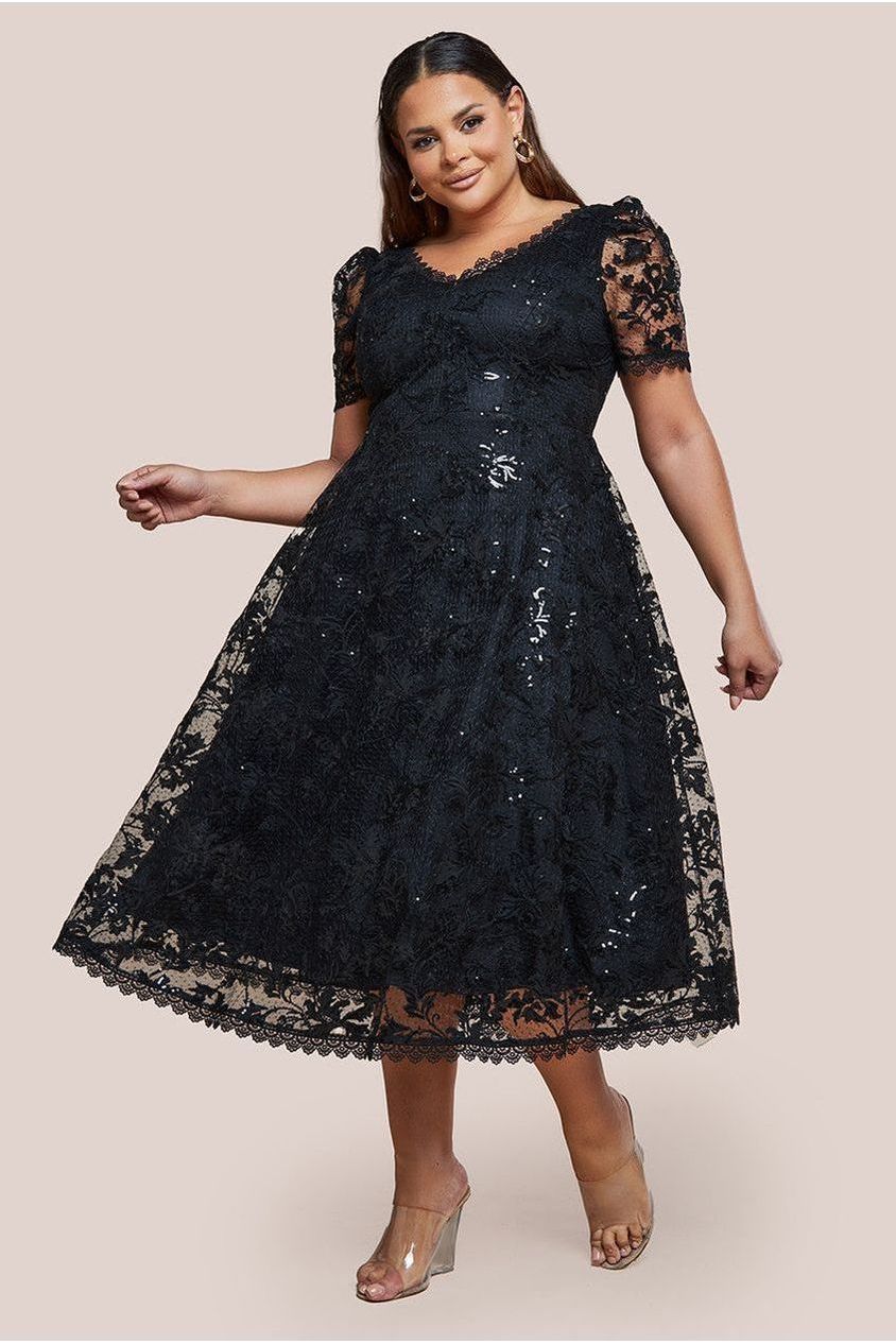 Goddiva Plus Sequin Lace Short Sleeve A-Line Midi Dress