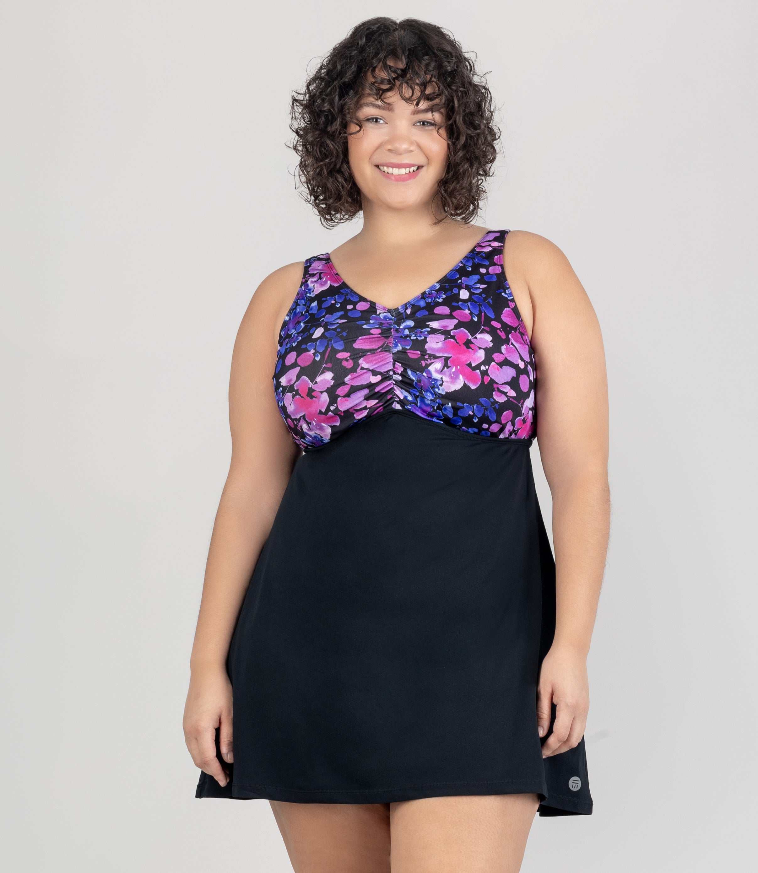 AquaSport Shirred Swim Dress Floral Elegance Print Black PetiteAverage, X Floral Elegance Print Black