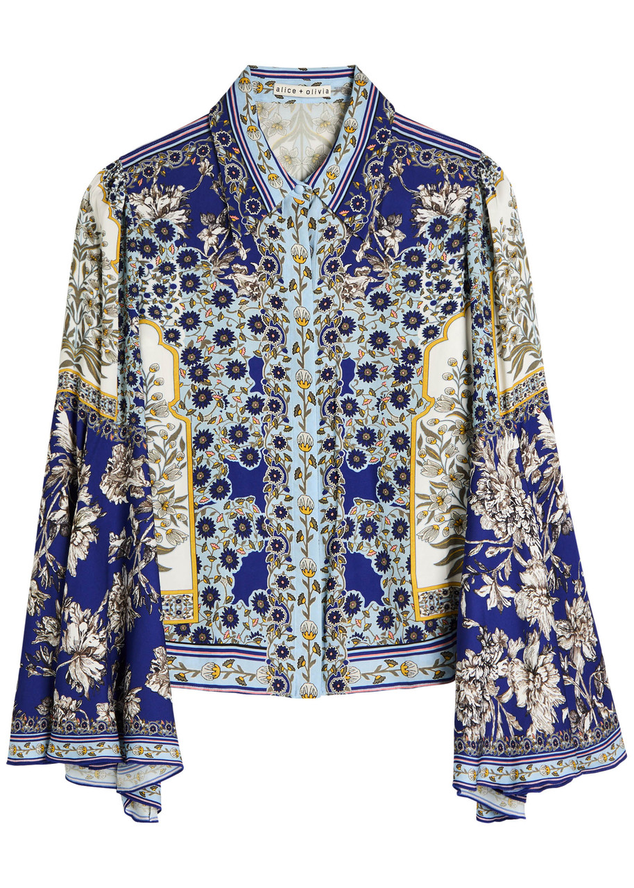 Alice + Olivia Willa Floral Flared-sleeve Chiffon Blouse - Blue - S - S