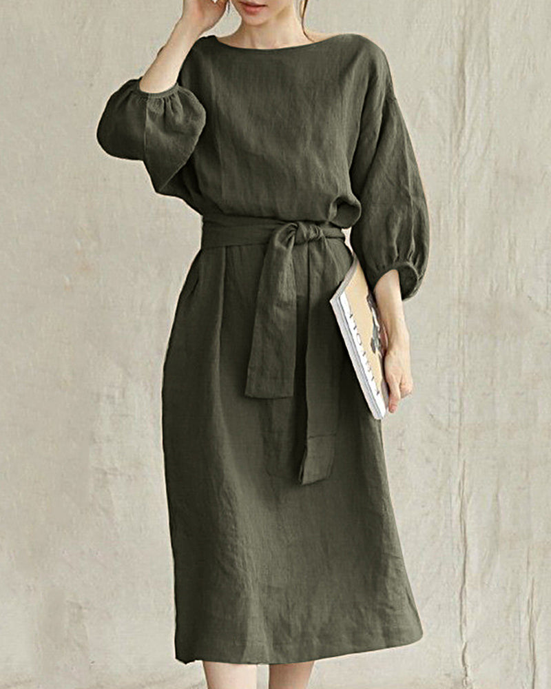 Mid Length High Waist Lace Up Dress Mid Sleeve Cotton Linen Round Neck Dress - Army Green