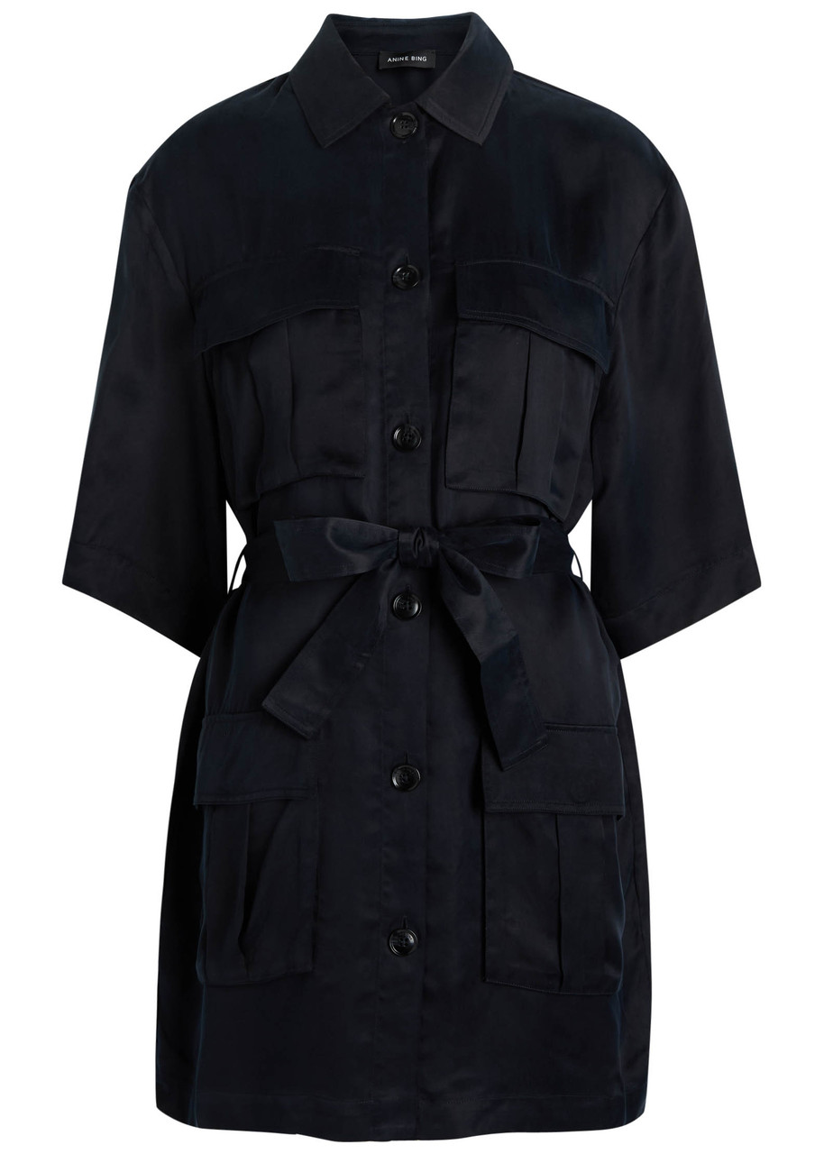 Anine Bing Geri Belted Woven Mini Shirt Dress - Black - S - S