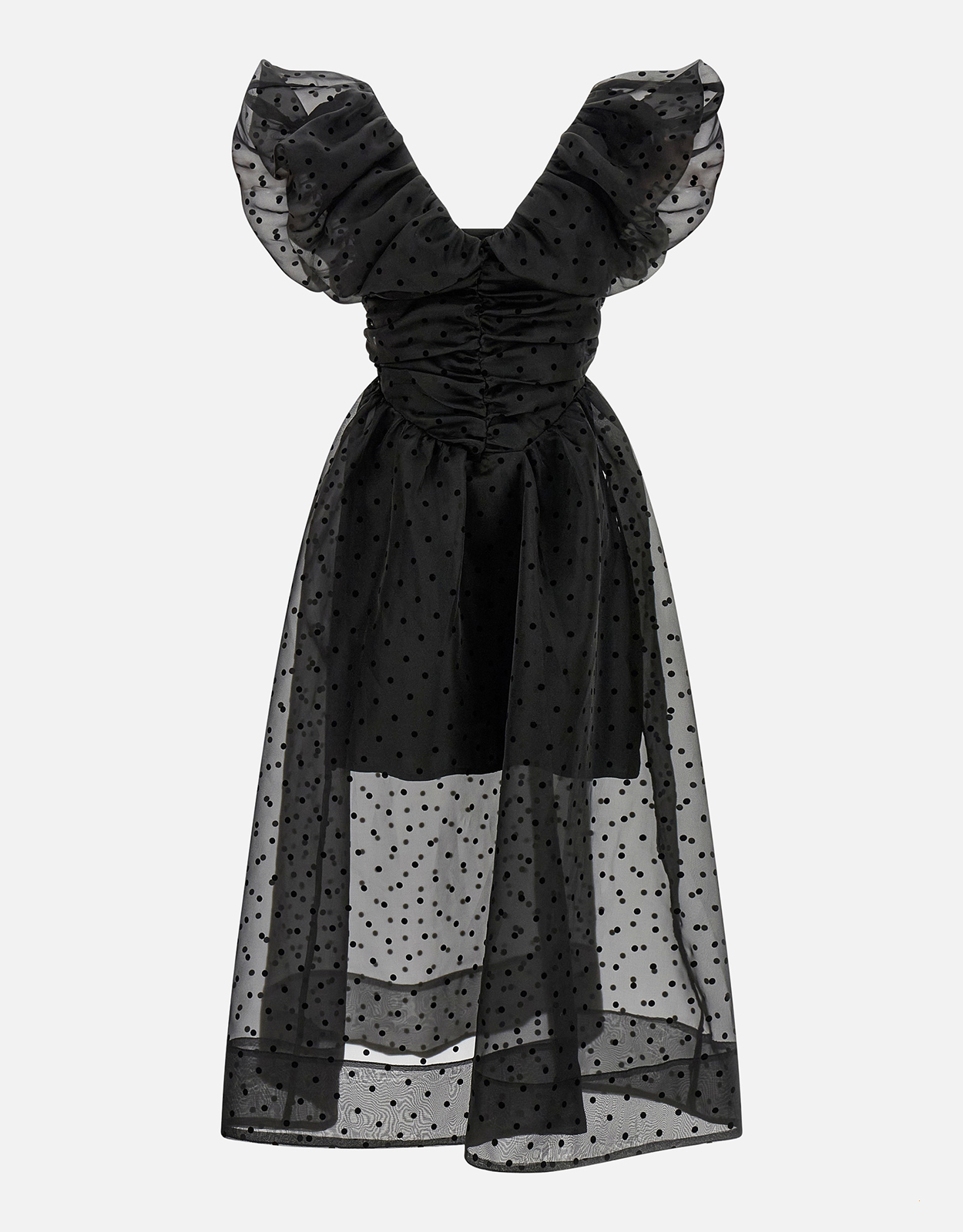 Ganni Black Organza Ruched Slim Fit Midi Dress -