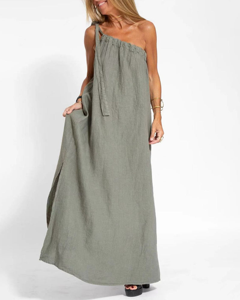 Sleeveless Asymmetrical Off-Shoulder Slit Dress - Army Green