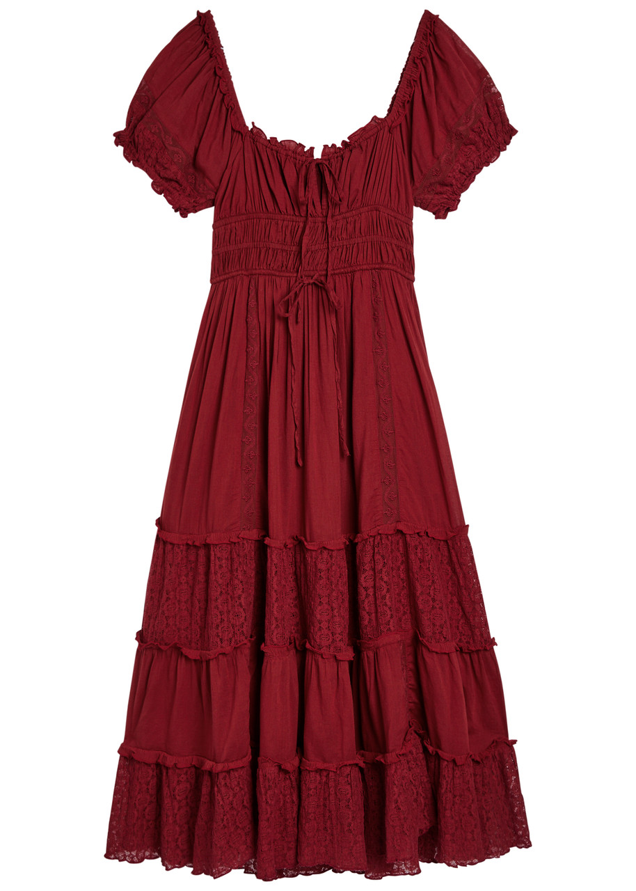 Free People Falling Sun Tiered Cotton Midi Dress - Burgundy - L - L