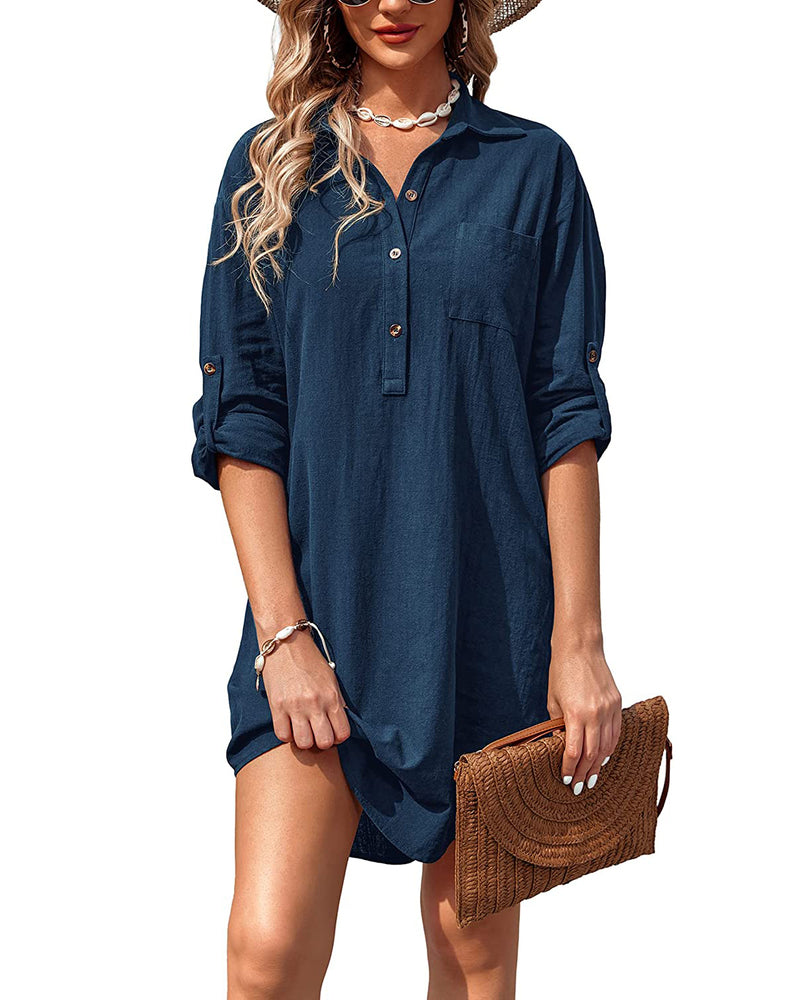 Zeagoo Women's Cotton Shirt Dress - Navy Blue