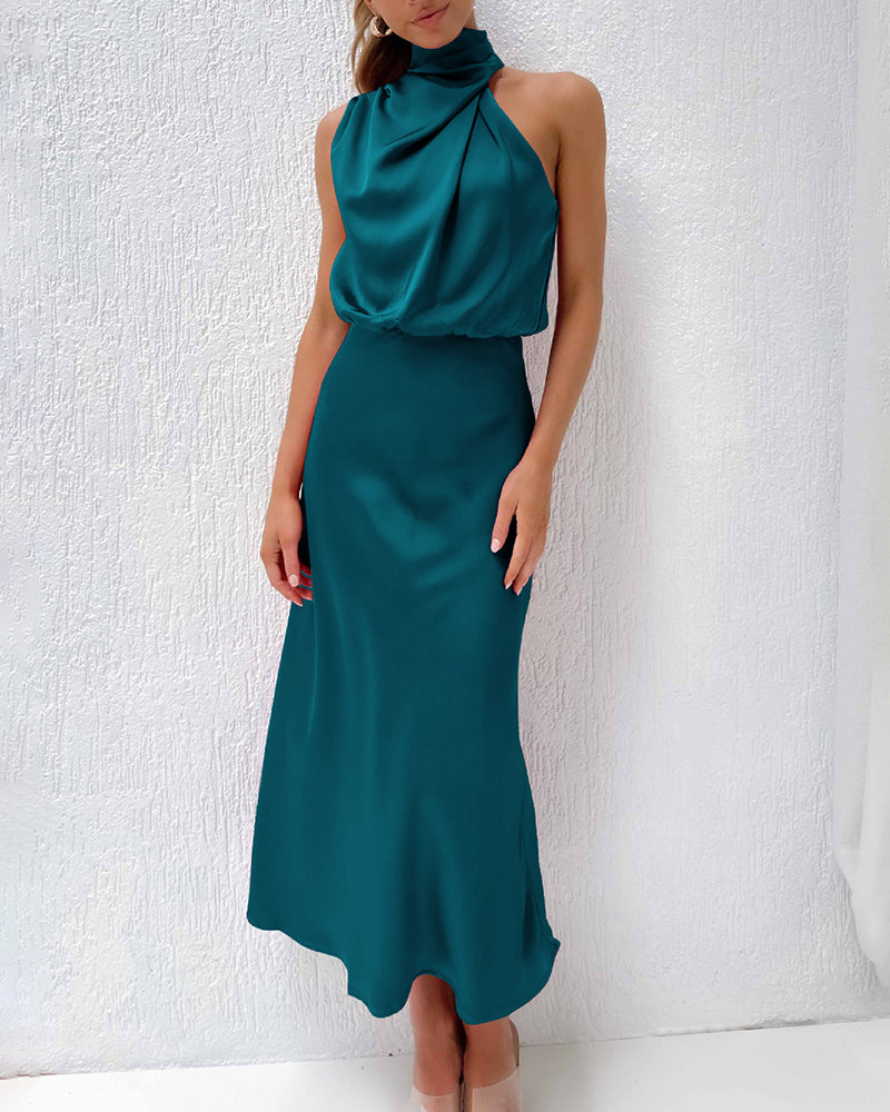 Long Formal Satin Dress Mock Neck High Neck Evening Dress - Lake Blue M