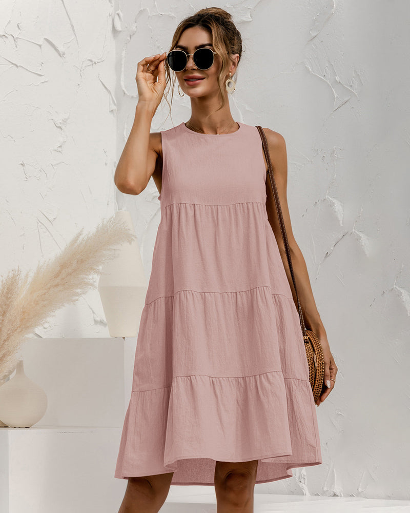 Solid Sleeveless Ruffle Sundress Round Neck A Line Pleated Mini Short T Shirt Dress - Pink M