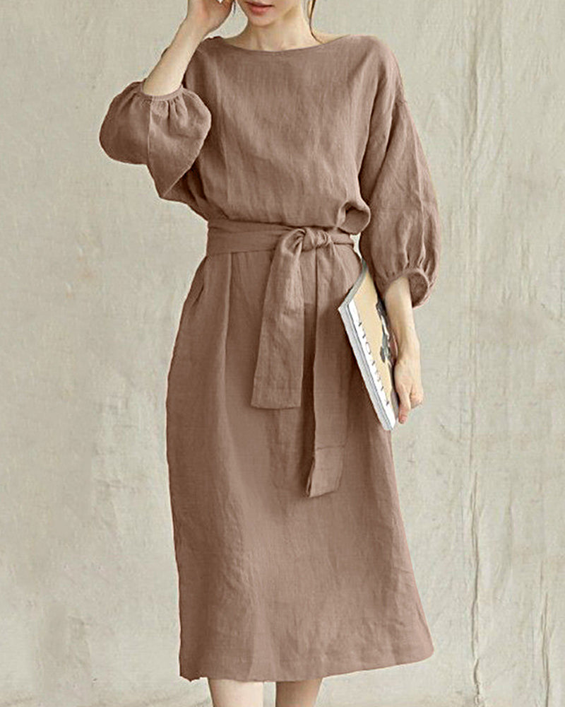Mid Length High Waist Lace Up Dress Mid Sleeve Cotton Linen Round Neck Dress - Brown S