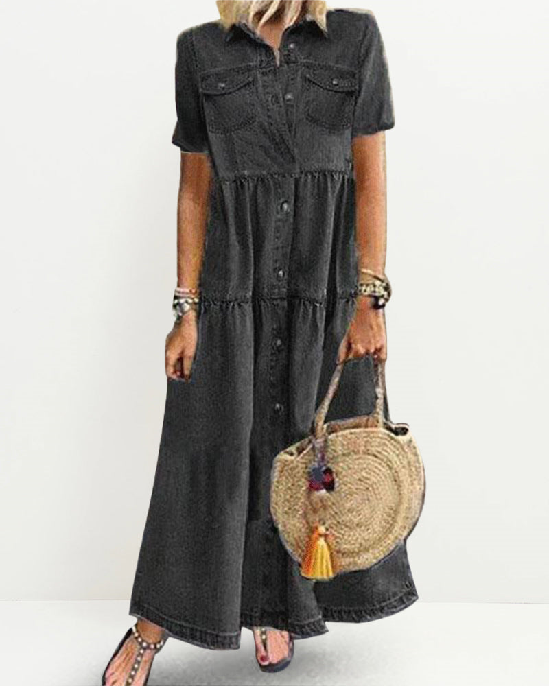Vintage Denim Dress Short Sleeve Turn Down Collar Pockets Button Up Shift Summer Long Loose Dress - Black