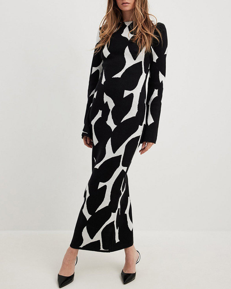 Zeagoo Women's Black And White Long Sleeve Knit Maxi Dress - Black M