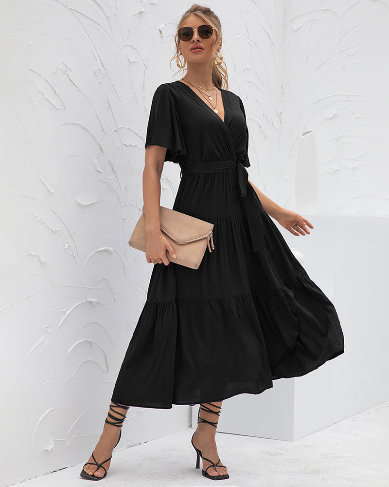 Elegant V Neck Short Sleeve Wrap Maxi Dress Loose High Waist Pleated Flowy Swing Long Dress with Belt - Black S