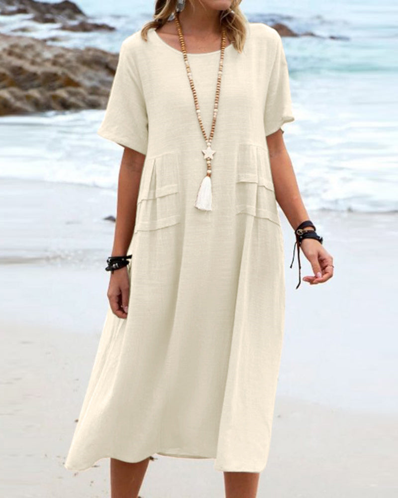 Solid Color Round Neck Short Sleeve Midi Dress Summer Holiday Casual Maxi Sundress - Khaki