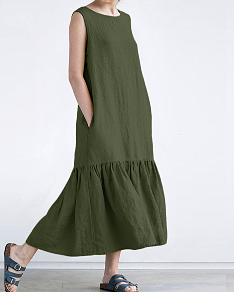 Loose Slim Mid-length Stitching Ruffled Sleeveless Dress - Army Green