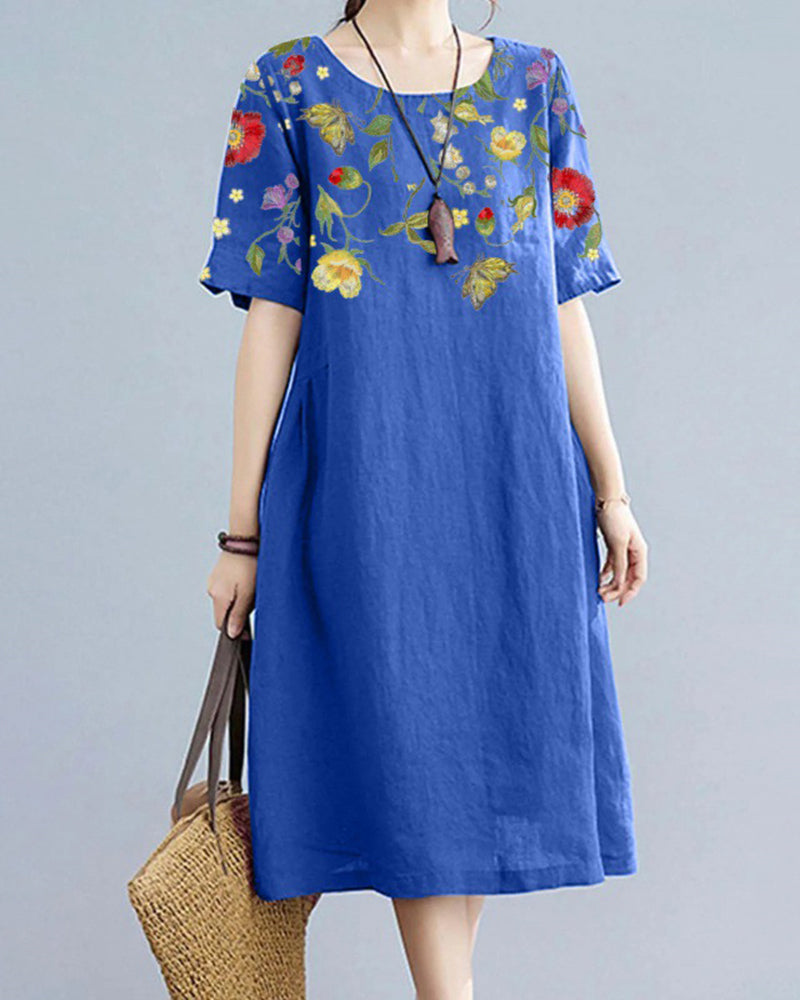 Printed Short Sleeve Casual Loose Fit Mini Dress - Blue S