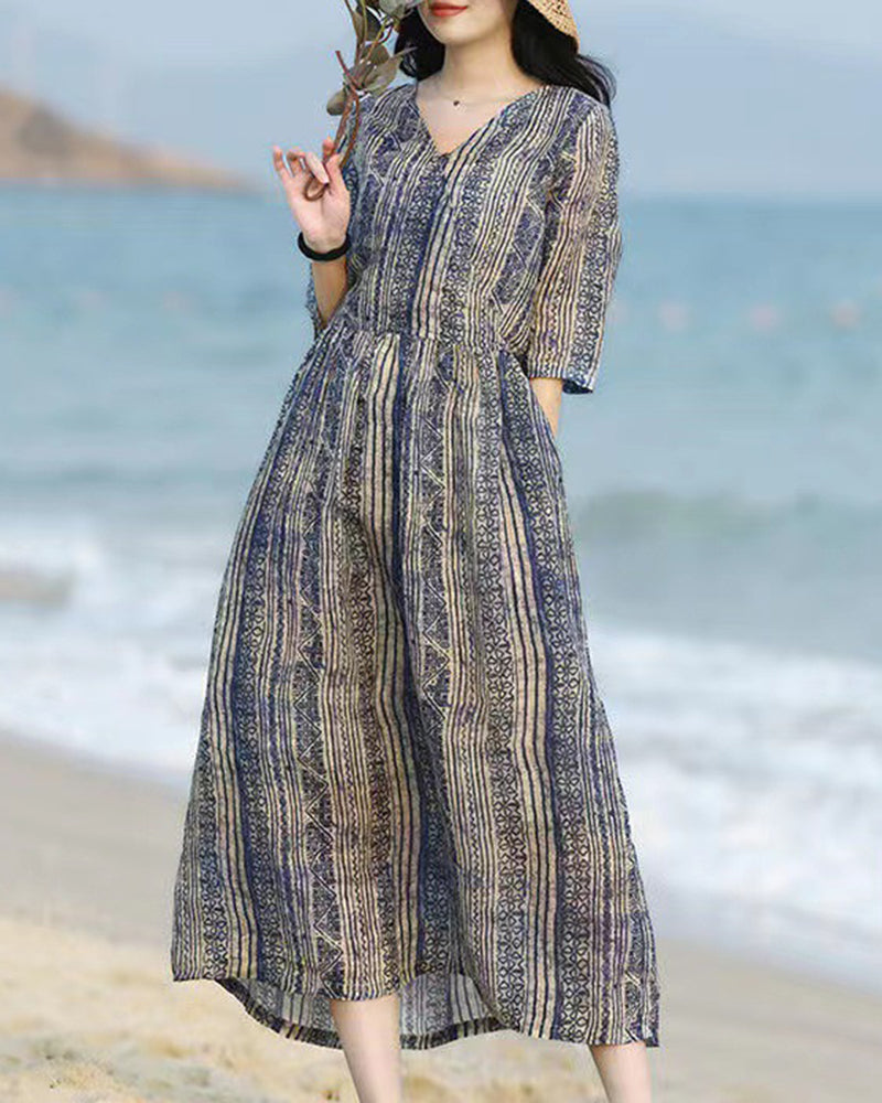 V-neck Half Sleeve Retro Striped Print Waist Midi Dress - Blue L-