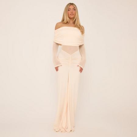 Fold Over Bardot Mesh Panel Maxi Dress In Cream Slinky, Women's Size