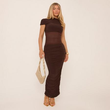 Short Sleeve Mesh Ruched Panel Maxi Dress In Brown Slinky, Women's Size