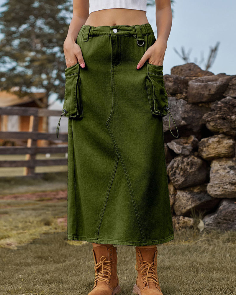 Zeagoo Women's Casual High Waist Denim Midi Skirt Drawstring Adjustable Long Jeans Skirt with Pockets - Army Green M