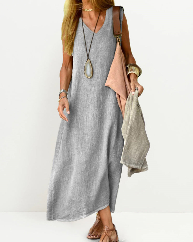 Zeagoo Women's Casual Sleeveless Dress Solid V Neck Tank Long Dresses Plain Simple Beach Sundress Cover Ups - Grey L-