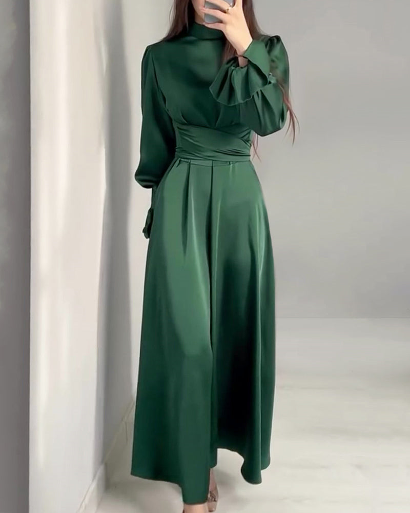Long Sleeve Belted Puff Sleeve Green Elegant Dress - Green M