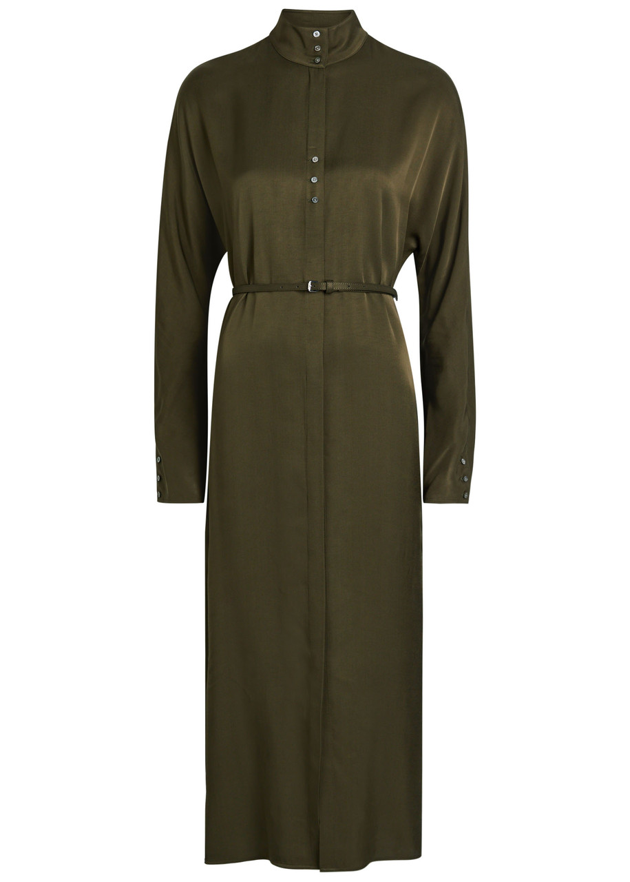 Tory Burch Belted Satin Shirt Dress - Olive - M