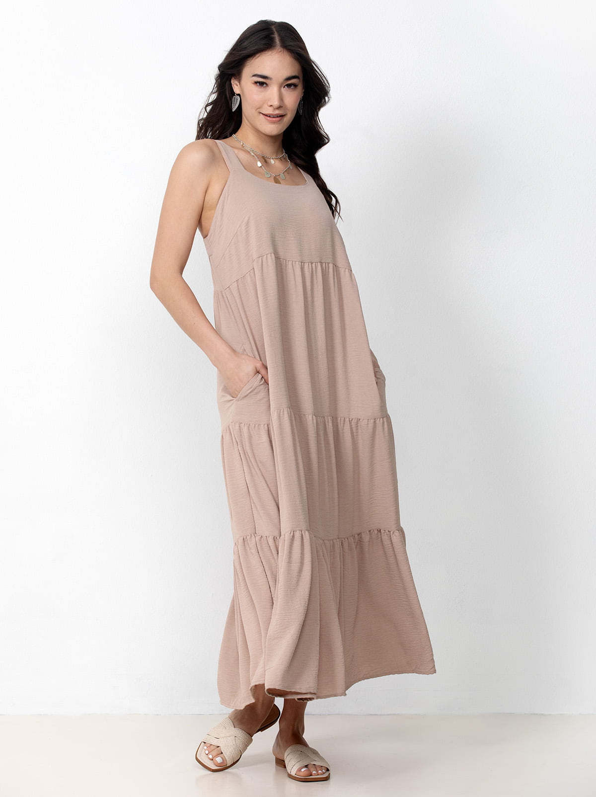 Single Stitch Tiered Maxi Dress, Tan Small