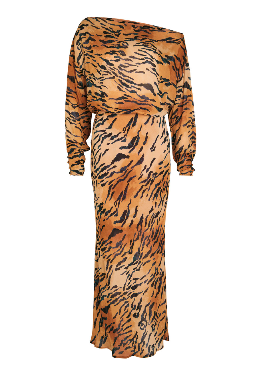 Never Fully Dressed Tilly Tiger-print Chiffon Midi Dress - Brown - L