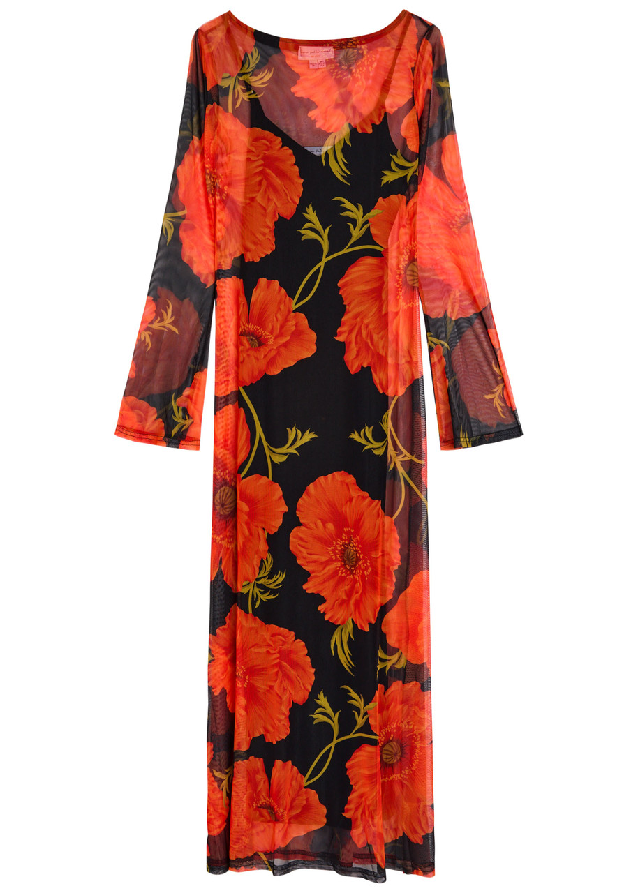 Never Fully Dressed Floral-print Mesh Midi Dress - Black Red -