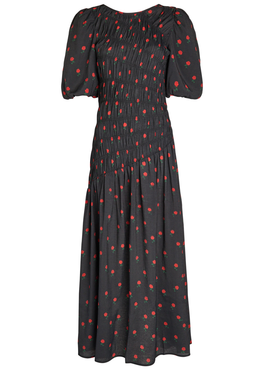 Never Fully Dressed Nara Rose-print Shirred Woven Midi Dress - Black -