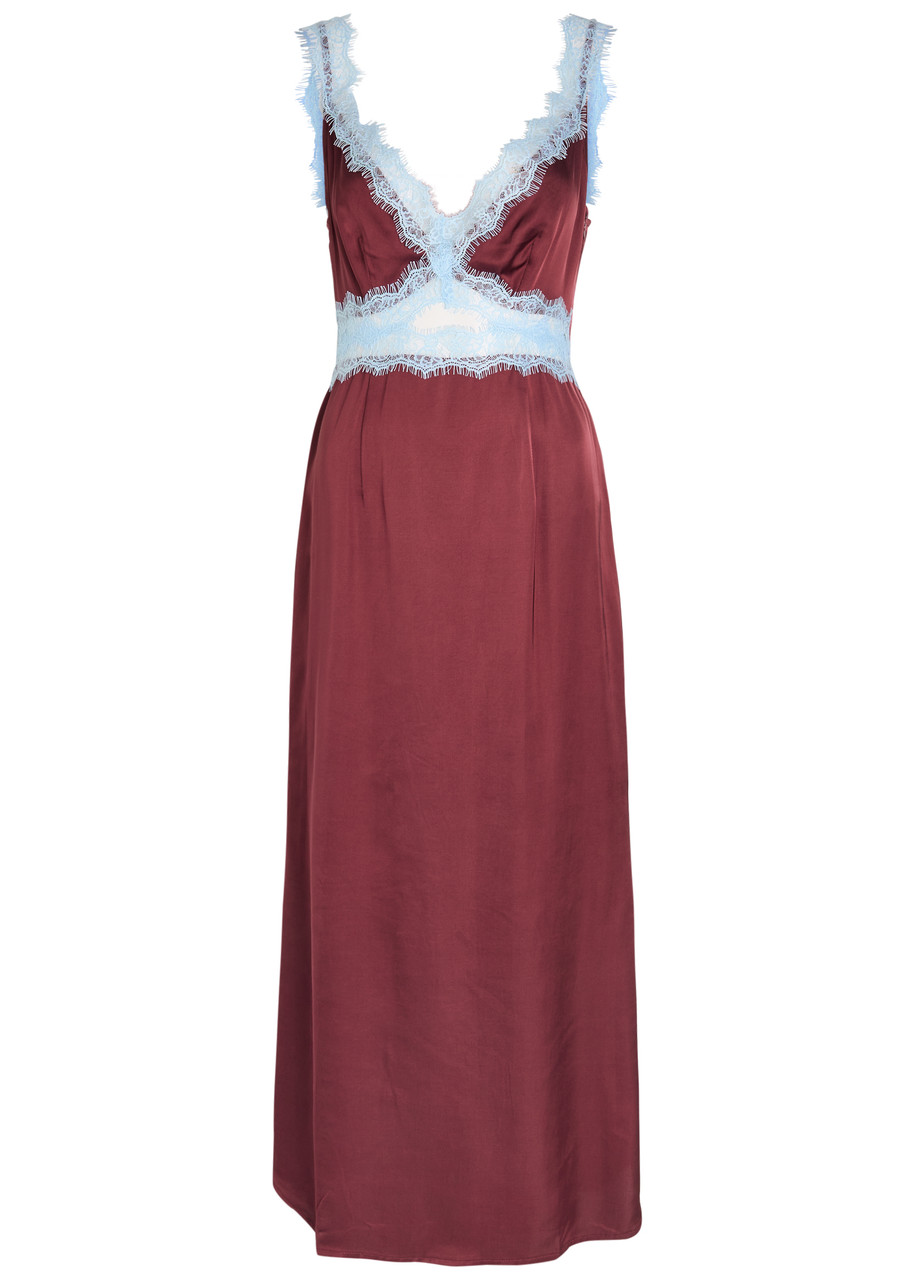 Never Fully Dressed Mimi Lace-trim Satin Midi Dress - Burgundy - L