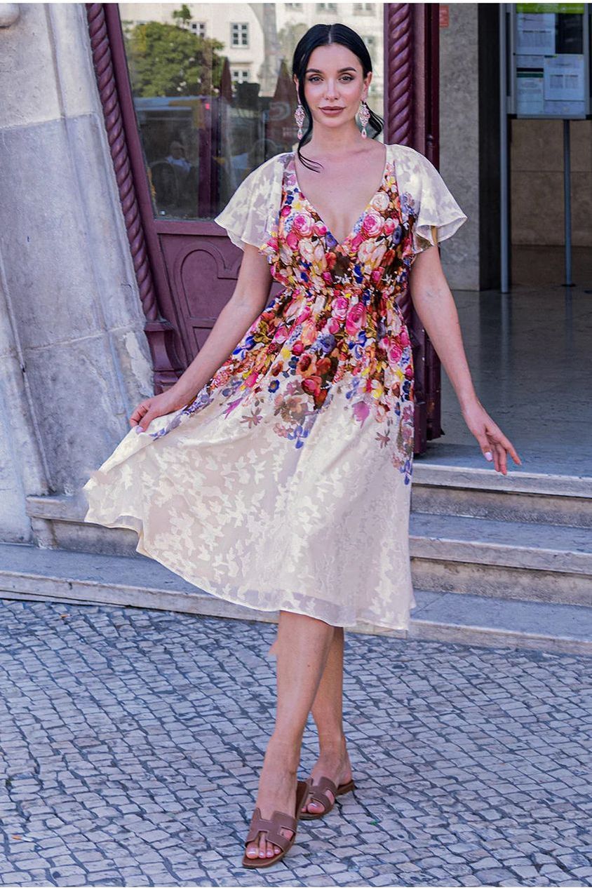Goddiva Floral Flutter Sleeve Wrap Midi Dress