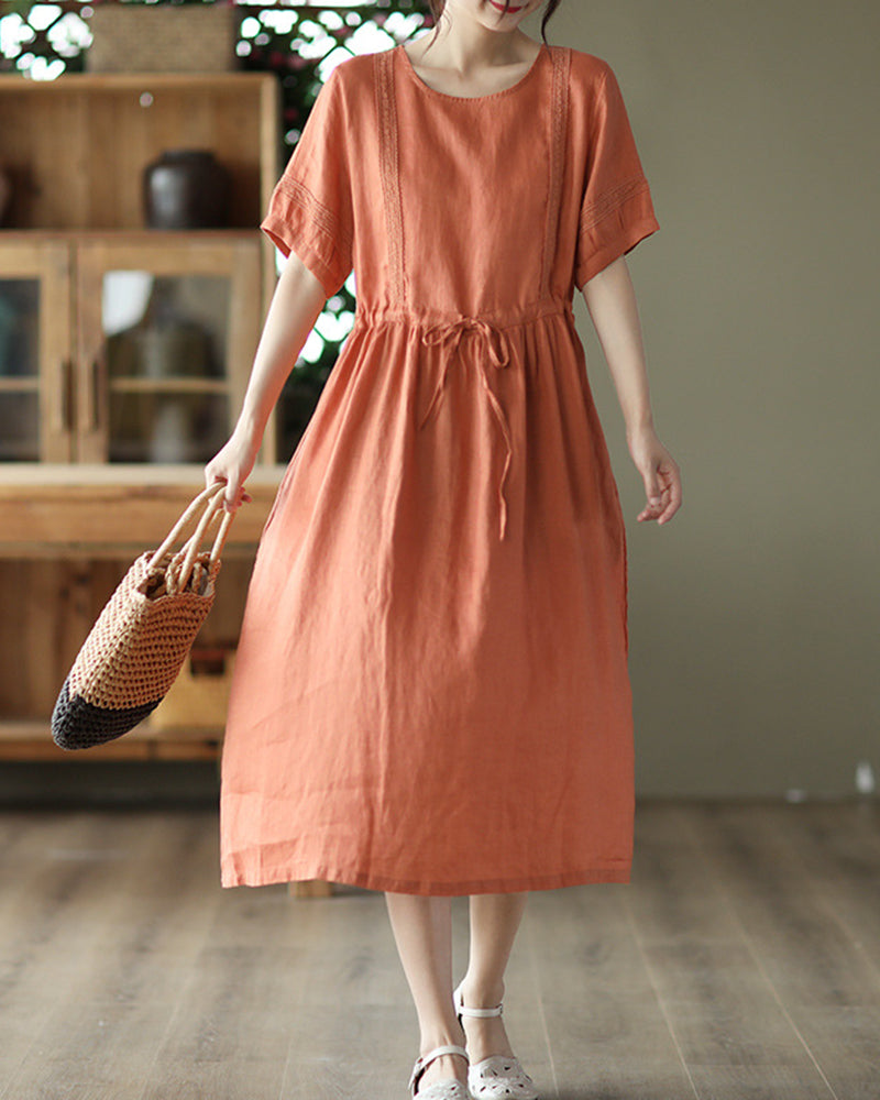 Retro Stitching Dress High Waist Lace Up Swing Skirt Knee Long Dresses - Orange