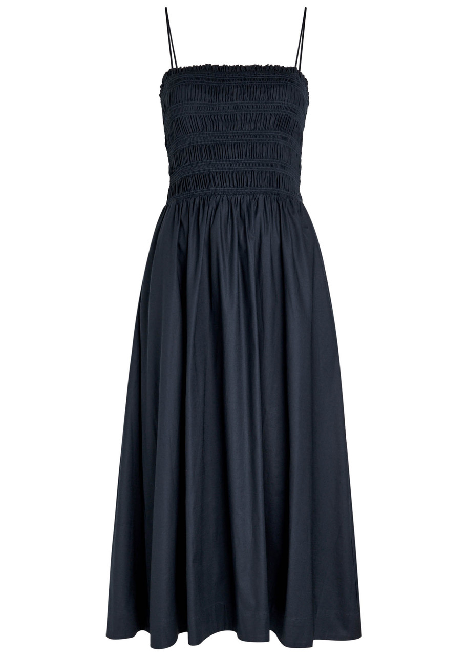 Reformation Kerrie Smocked Stretch-cotton Midi Dress - Navy - S
