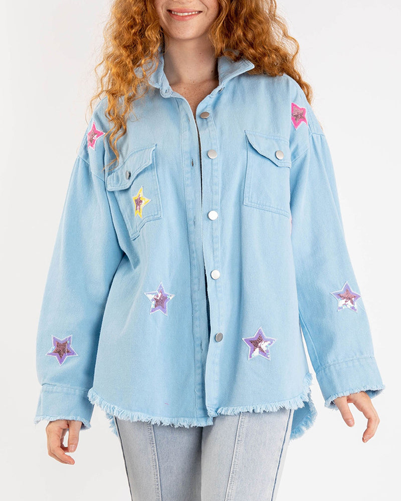 Long Sleeve star sequin shirt Button Down Basic Denim Jacket With Pockets - Blue