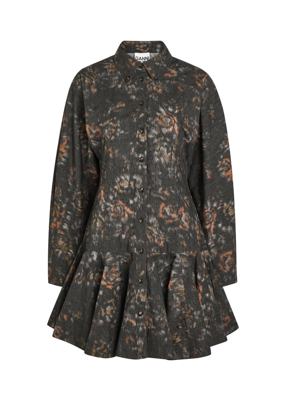 Ganni Printed Stretch-cotton Mini Shirt Dress - Black - M