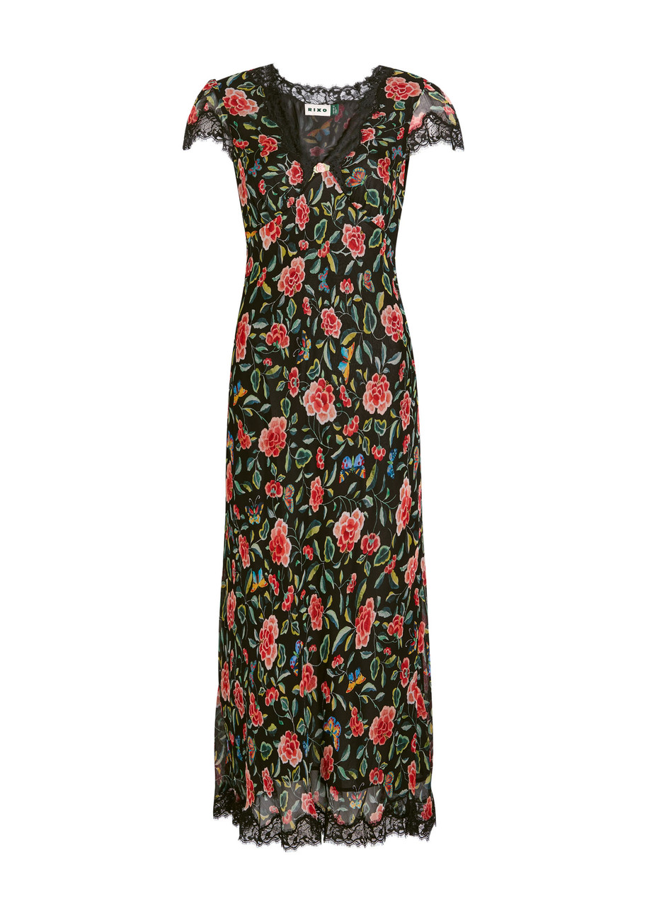 Rixo Clarice Lace-trim Georgette Midi Dress - Black -
