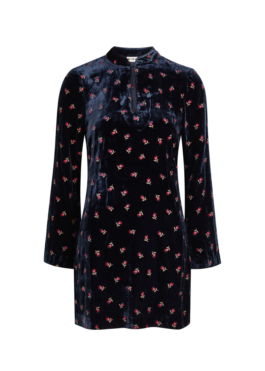 Rixo Calla Floral-embroidered Velvet Mini Dress - Navy - L