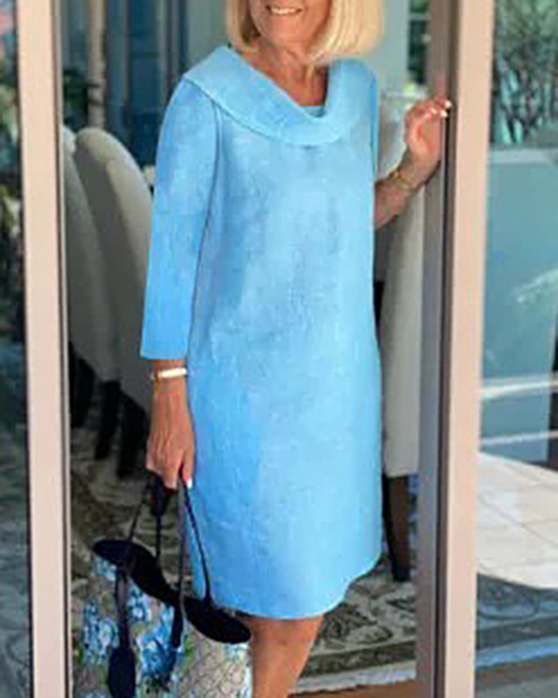 Stitching Round Neck Casual Style Solid Color Long Sleeve Dress - Sky Blue