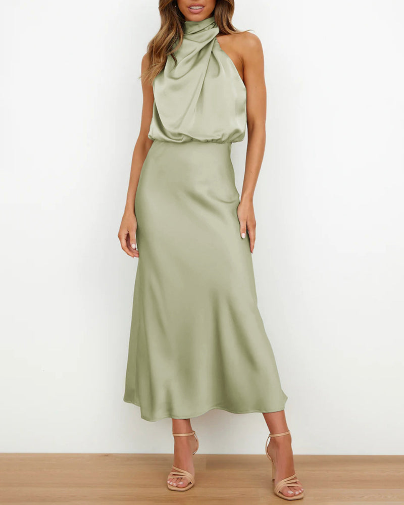 Long Formal Satin Dress Mock Neck High Neck Evening Dress - Light Green L-