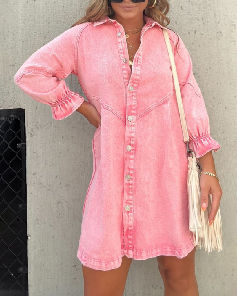 Zeagoo Women's Denim Shirt Dress Long Sleeve Button Down Babydoll Jean Shirt Dresses - Pink L-