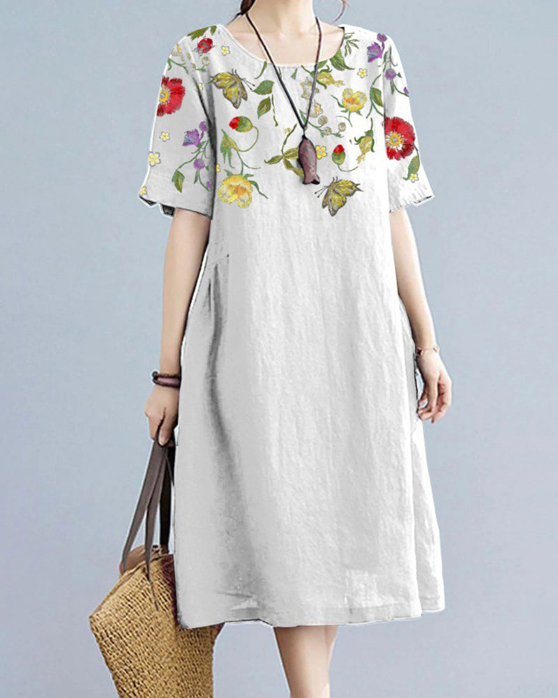 Printed Short Sleeve Casual Loose Fit Mini Dress - White S