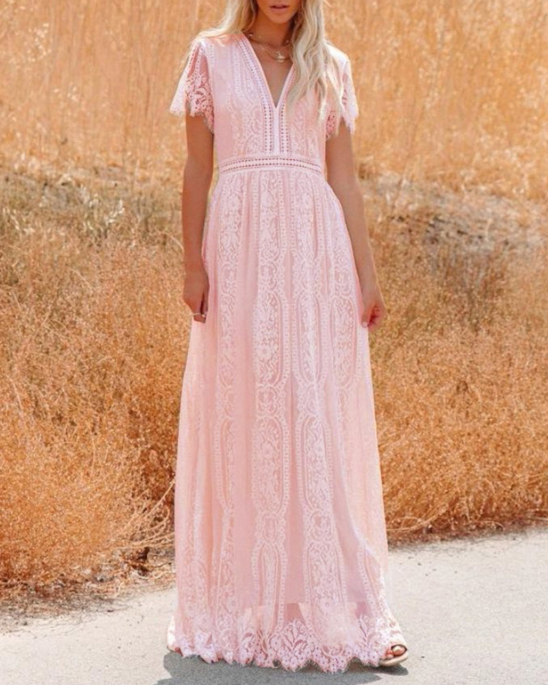 V-Neck Half Sleeves Lace Bohemian Floor Length Dress - Pink