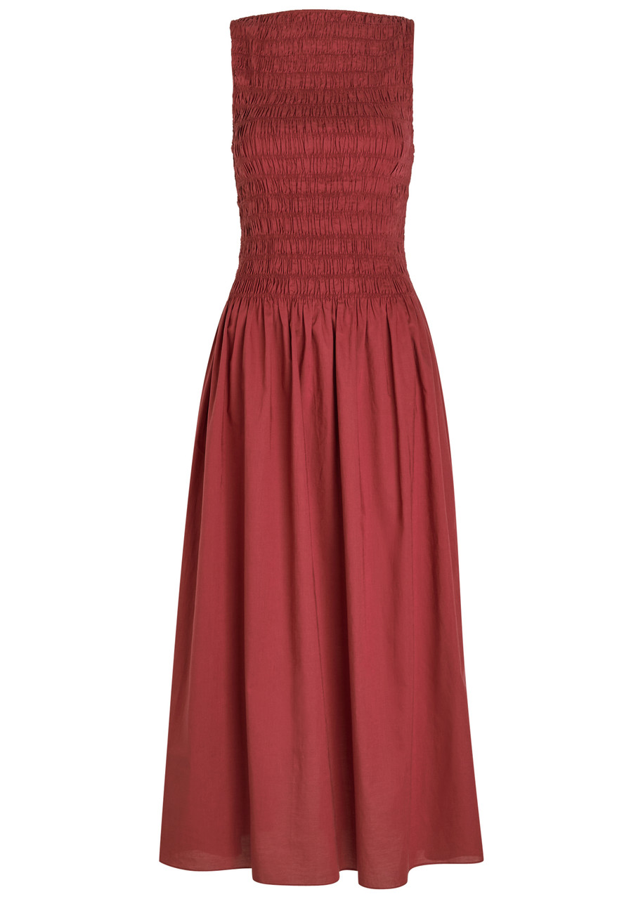 Faithfull The Brand Margot Shirred Cotton Midi Dress - Dark Pink - L L