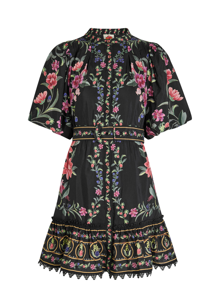 Farm Rio Belle Garden Floral-print Cotton-blend Mini Dress - Black - L L