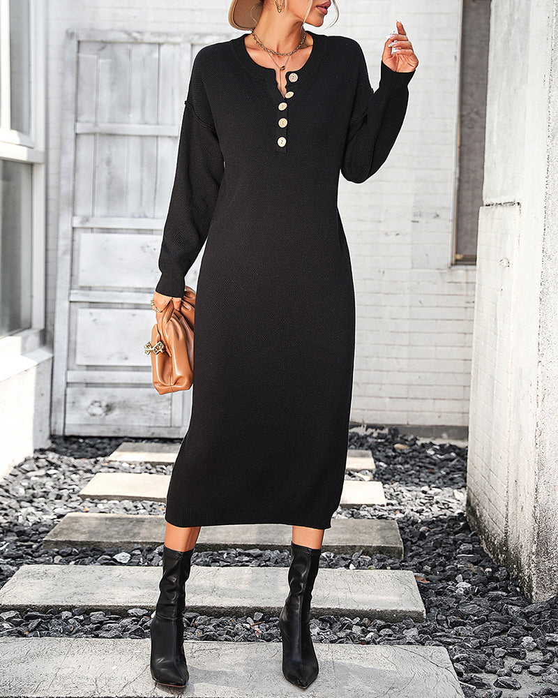 Sweater Maxi Dress Long Sleeve Button V Neck Knitted Dresses Oversized Loose Fashion Streetwear - Black L-