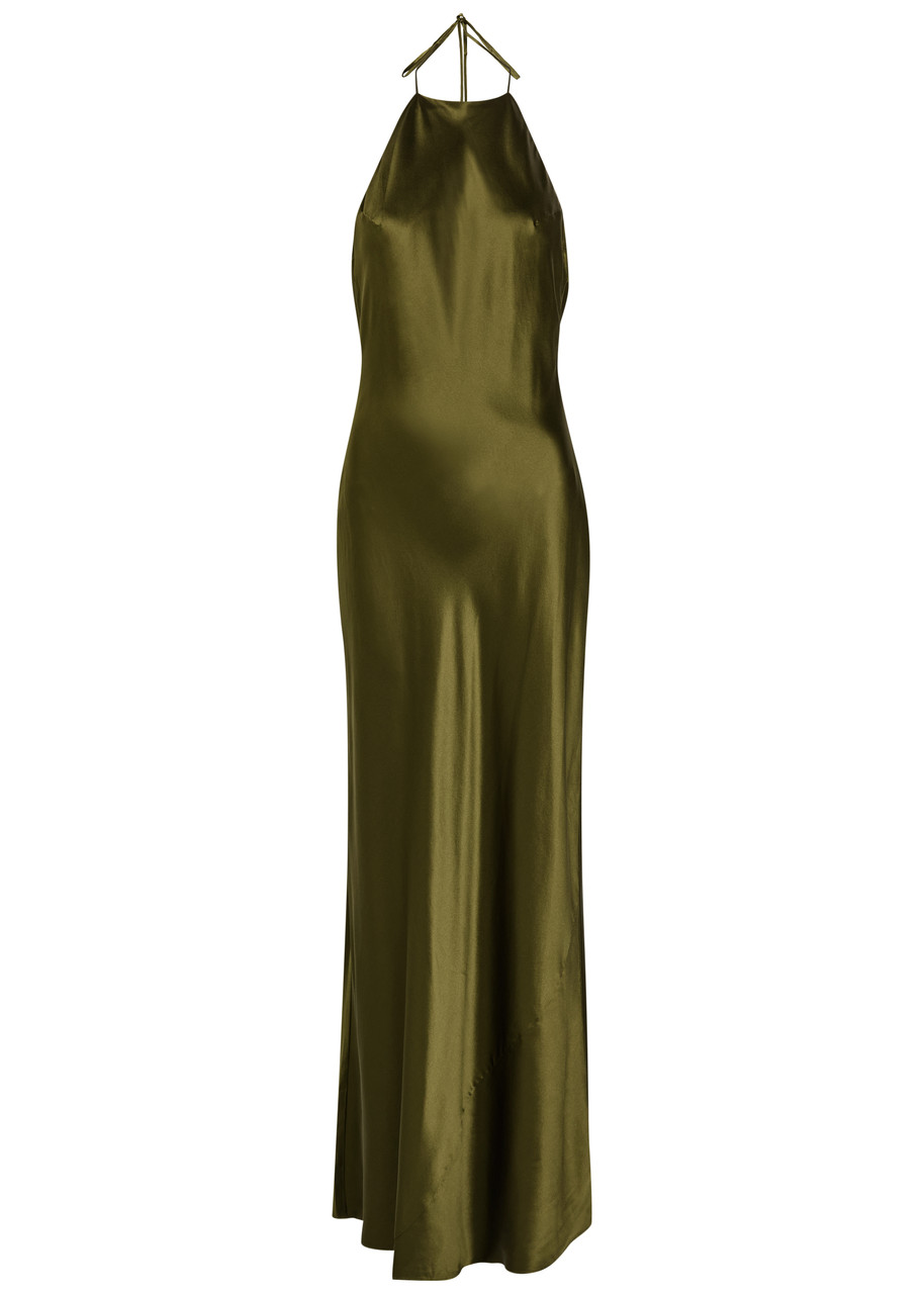 Reformation Jeany Halterneck Silk Maxi Dress - Dark Green - L L