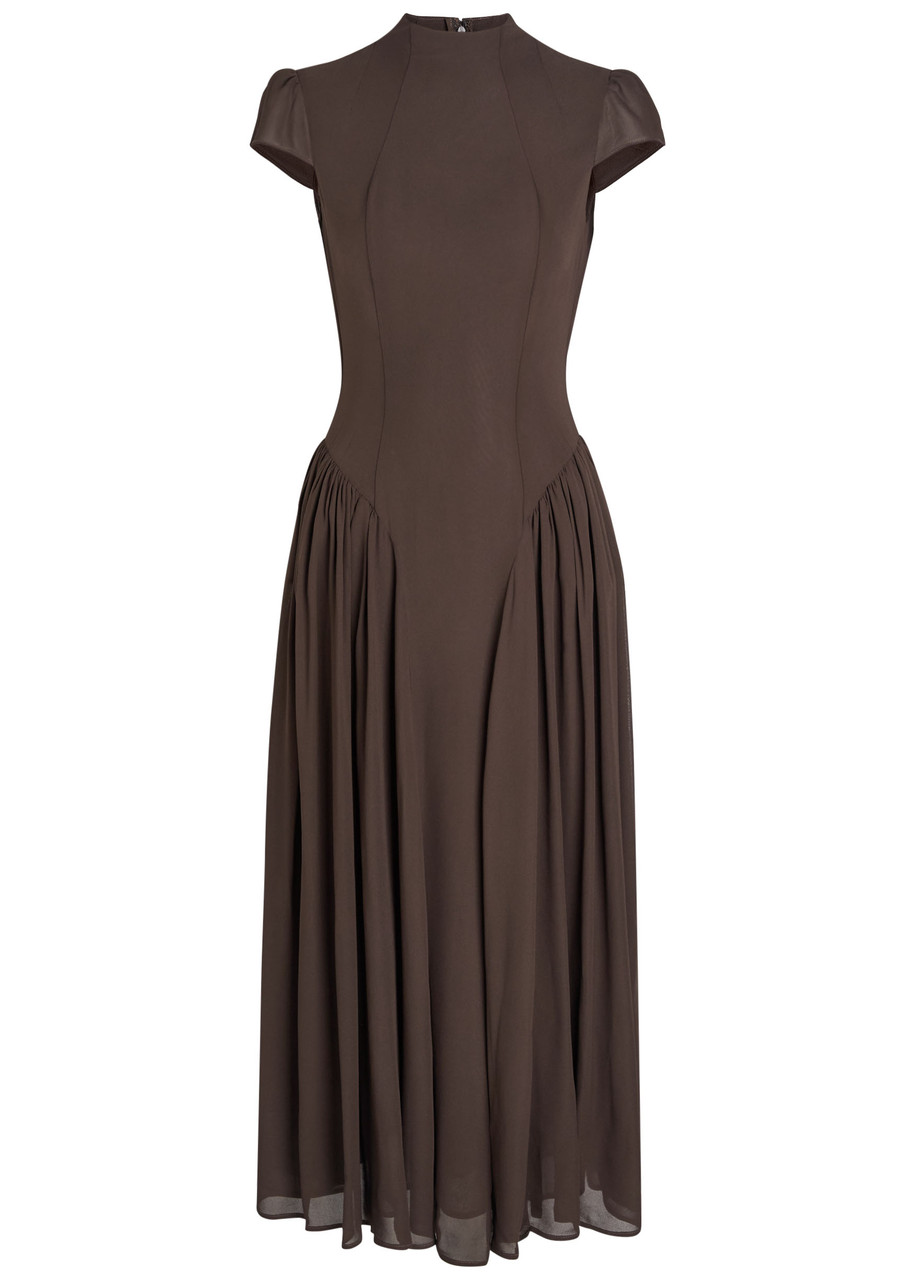 Reformation Maven Mock-neck Chiffon Midi Dress - Dark Brown - S