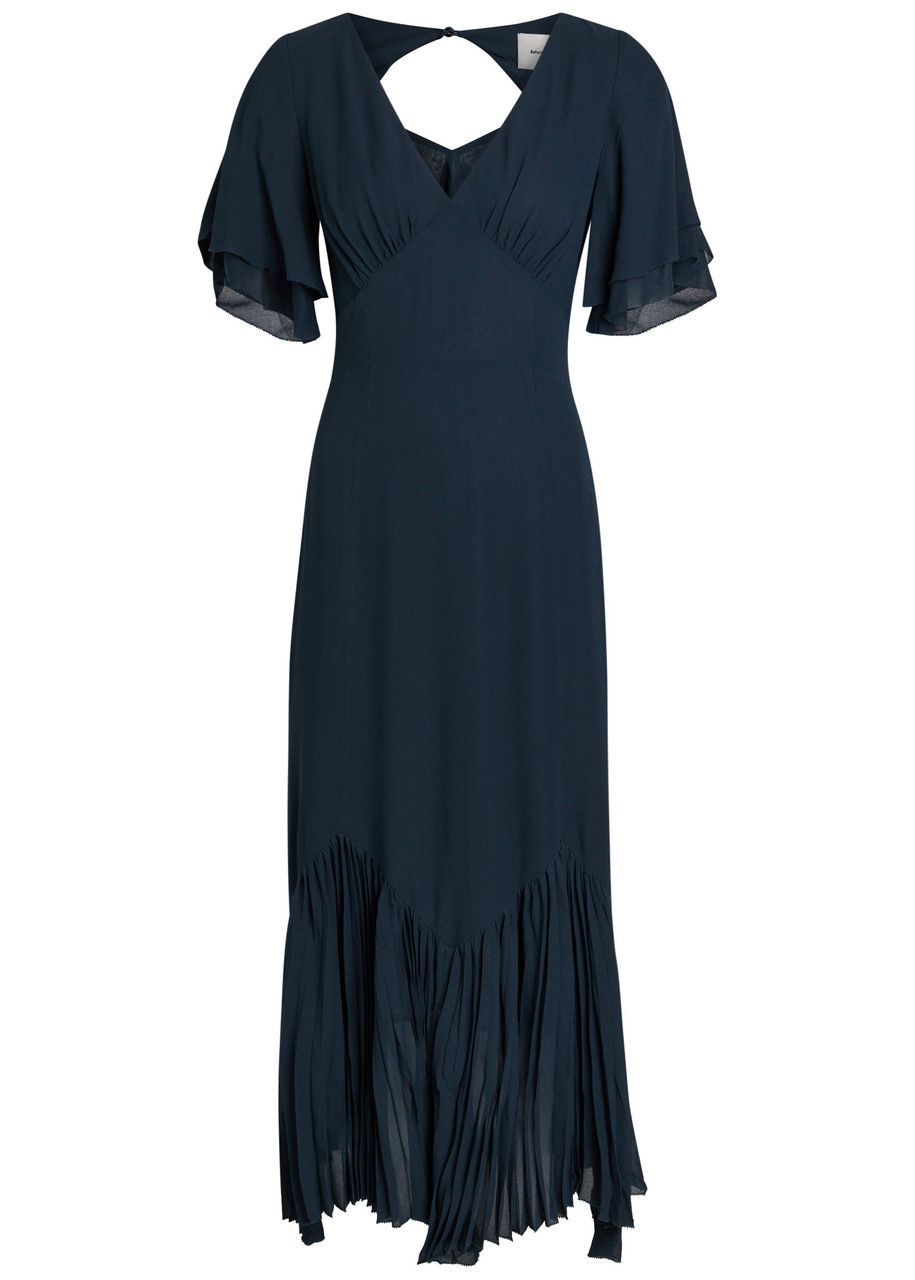 Reformation Salvia Flutter-sleeve Chiffon Midi Dress - Navy -
